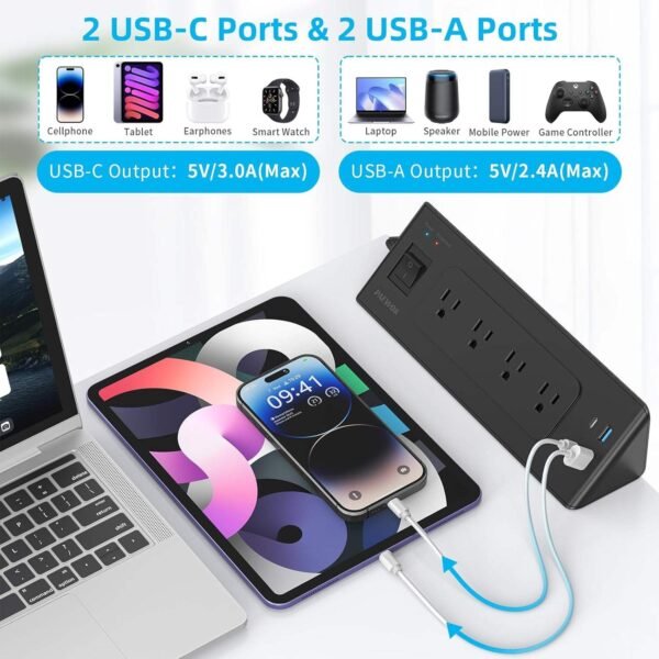 H2b9761b95d7b4a8282ef7d8de58f4f8bv.jpg USB-C Desk Clamp Power Strip Charging Station – 4 Outlets, 4 USB-A Ports, 2 Socket Extension for Tabletop