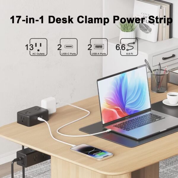 H44d213f83ed6414eadcc90ec4a4e5a7al.jpg Dual-Layer Desktop Edge Mount Surge Protector – 13 AC Outlets, 4 USB Ports (2 USB-C) for Office & Home