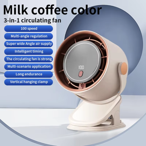 Durable 3-in-1 Clip/Table/Wall Mount Turbo Fan – 100 Speeds, 15m Air Throw, Rechargeable Battery for Home & Office